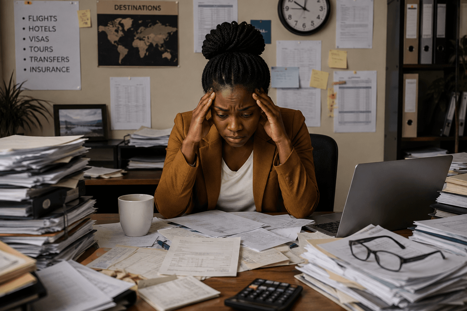 An overwhelmed travel agent buried in paperwork